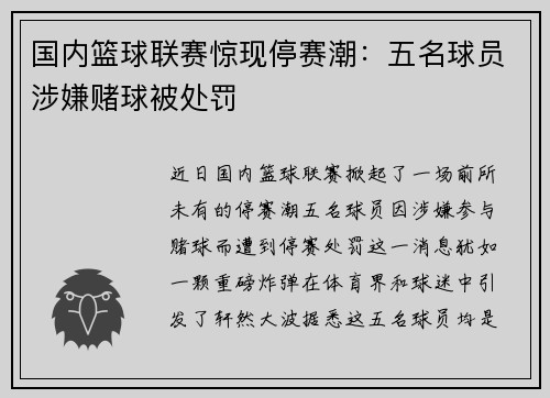 国内篮球联赛惊现停赛潮：五名球员涉嫌赌球被处罚