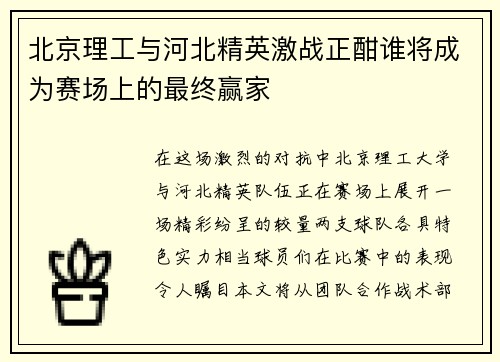 北京理工与河北精英激战正酣谁将成为赛场上的最终赢家
