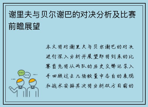 谢里夫与贝尔谢巴的对决分析及比赛前瞻展望