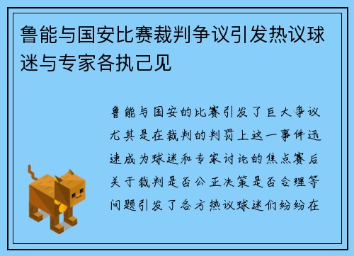 鲁能与国安比赛裁判争议引发热议球迷与专家各执己见