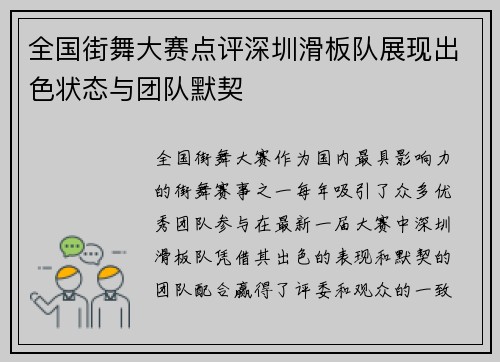 全国街舞大赛点评深圳滑板队展现出色状态与团队默契